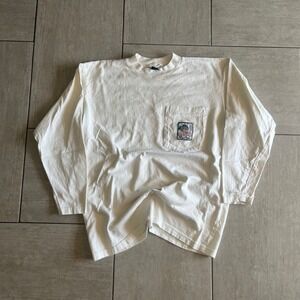 Ever Blue Long Sleeve Pocket Tee White Vintage Graphic Made in USA Size 20x25.5